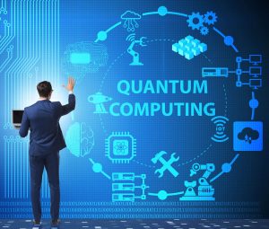 Businessman pressing virtual button in quantum computing