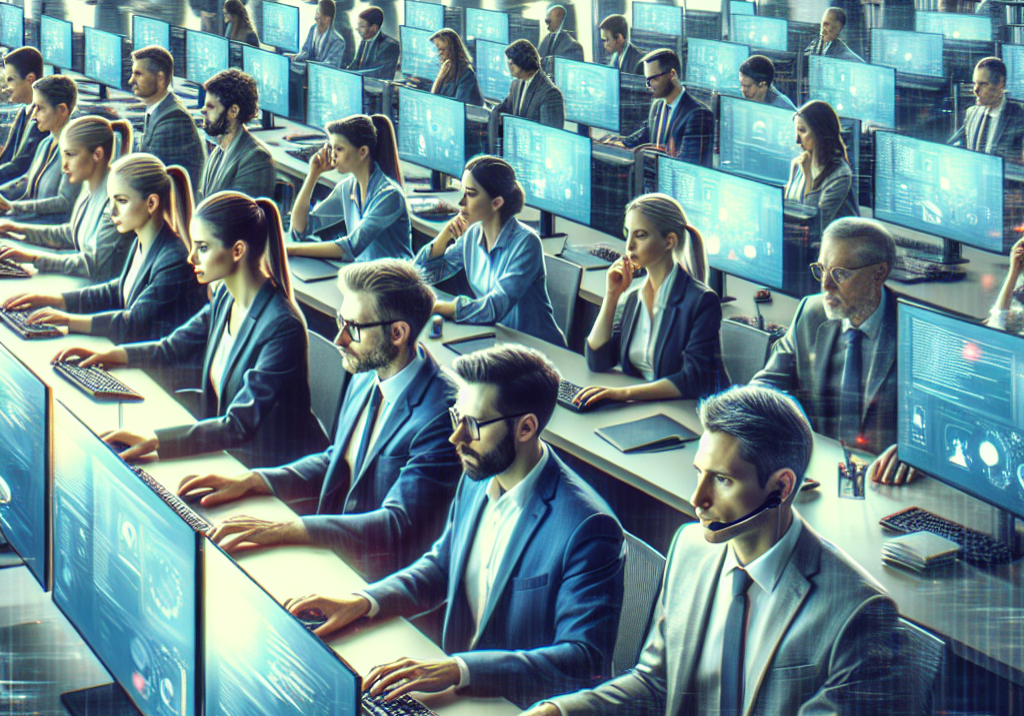 an image showcasing a bustling office environment with IT professionals monitoring multiple screens, responding to alerts, and preventing potential IT issues before they occur.