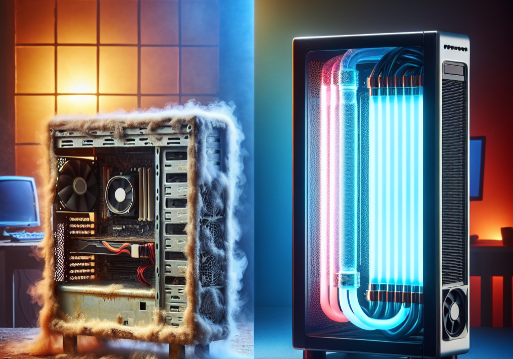 dusty air cooled vs liquid cooled computer setups side by side