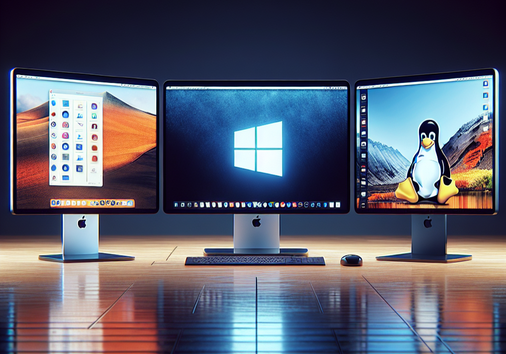 an image of three computer screens side by side, each displaying the desktop of MacOS, Windows, and Linux. Highlight the distinct visual elements of each operating system.
