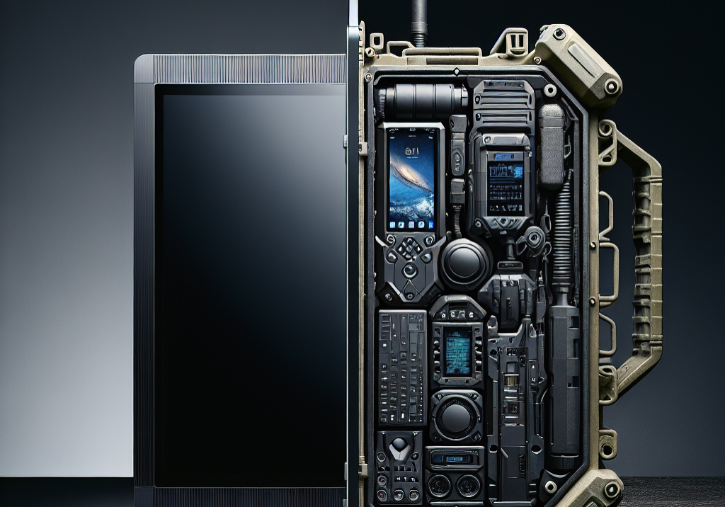 an image of two computers side by side, one sleek and modern for civilian use, the other rugged and utilitarian for military use. Show the contrast in design and functionality.