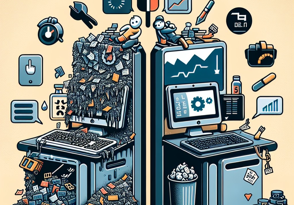 an image showing a cluttered, slow computer next to a clean, fast computer. Include icons of a trash can, optimization tools, and a speedometer to visually represent life hacks for a faster computer. 
