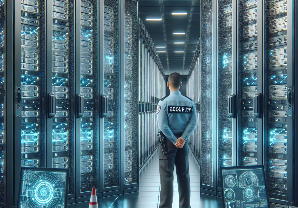  an image of a secure server room with biometric scanners, surveillance cameras, and locked cabinets. Include a security guard monitoring the area