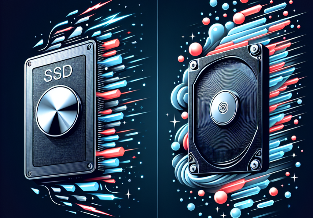 an image comparing the sleek, compact design of an SSD to the larger, bulkier appearance of an HDD. Show the speed and efficiency of an SSD versus the traditional HDD