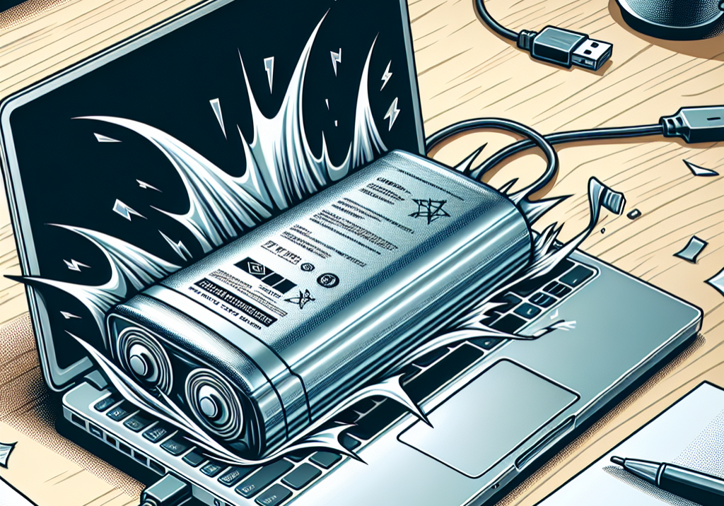 an image of a laptop with a visibly swollen battery, causing the device to bulge and distort. Show the battery pushing against the casing, highlighting the impact of expansion