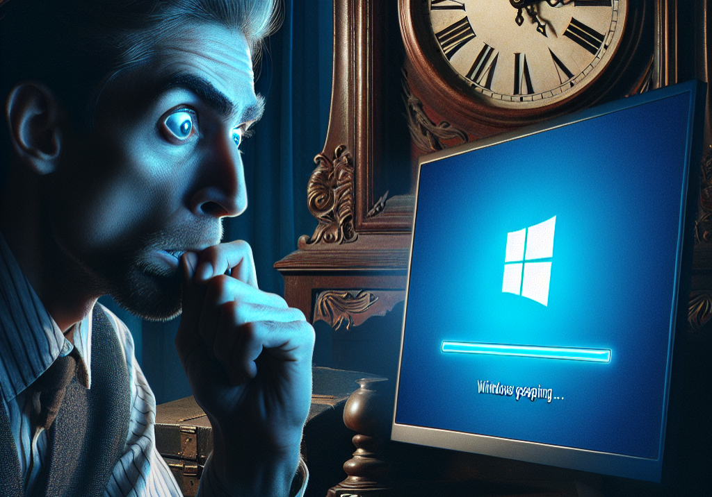 an image of a computer screen displaying a progress bar for a Windows update, with a clock ticking in the background and a worried expression on a person's face