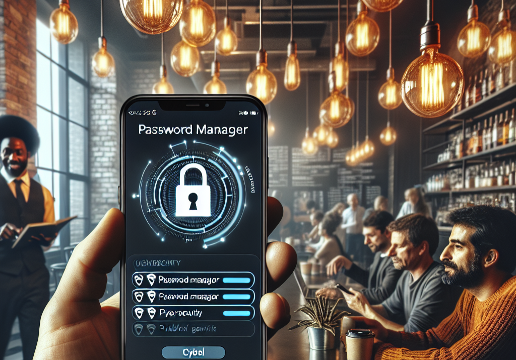  an image of a person using a password manager app on their phone, with a cyber lock symbolizing security, in a coffee shop with visible public Wi-Fi networks.