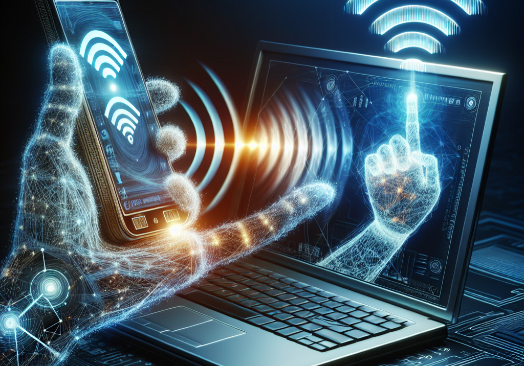 an image of two devices communicating wirelessly with a visible signal strength indicator. One device sending out a signal and the other device receiving it, showing the concept of "ping" in action. 