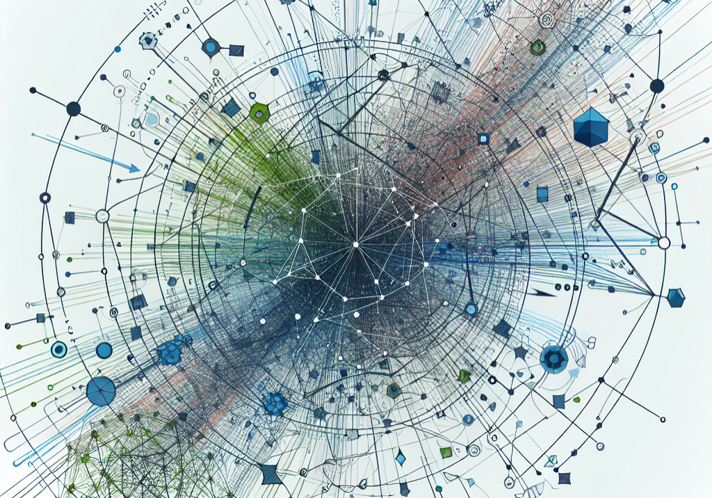  an abstract image of a tangled web of interconnected lines and arrows, symbolizing the complexity of SEO strategies and algorithms. Use varying shades of blue and green to represent different components