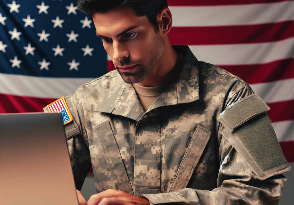 an image of a computer technician, wearing a military uniform, working on a laptop with precision and focus. Include a subtle American flag in the background.