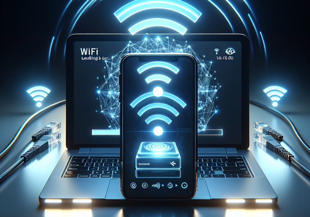 an image of a smartphone and a laptop side by side, with wifi signals and ethernet cables connecting them to a lightning bolt symbol in the middle. The phone shows loading bars, while the laptop shows a completed download bar.