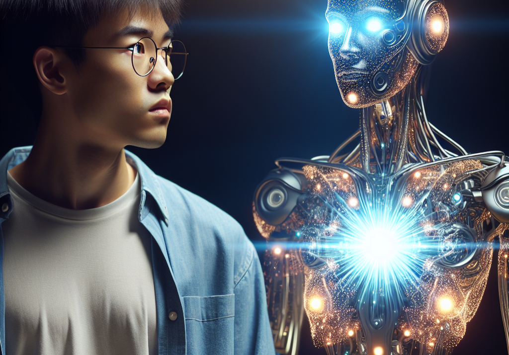 an image of a person staring in awe at a glowing, futuristic robot. The robot's eyes are sparkling with intelligence, while the person's expression is a mix of curiosity and fear.
