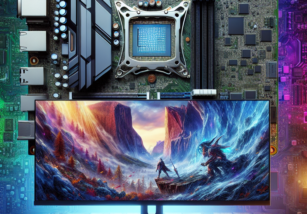 an image of a computer motherboard with a slot for a GPU, surrounded by high-definition video games on a monitor. Use bright colors and detailed components.