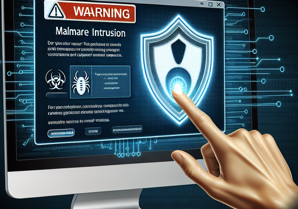 an image of a computer screen with a pop-up alert warning about malware, while a hand reaches out to click on a shield icon to protect against viruses.