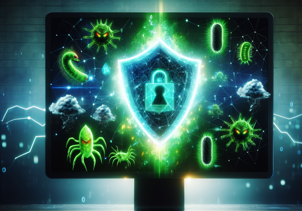image of a computer screen with a vibrant green shield symbolizing protection, surrounded by a variety of threatening viruses and malware lurking in the background
