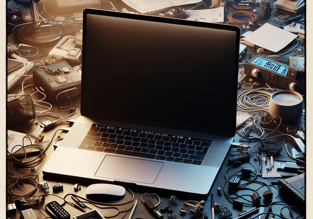 an image of a laptop closed with a blank screen, a digital clock displaying hours passing by, and a tangled mess of cords on a cluttered desk.