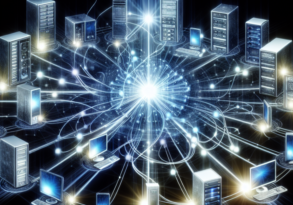 an image of a network of interconnected devices with a central hub, showing data flowing seamlessly between them. Include different types of devices like computers, phones, and servers.